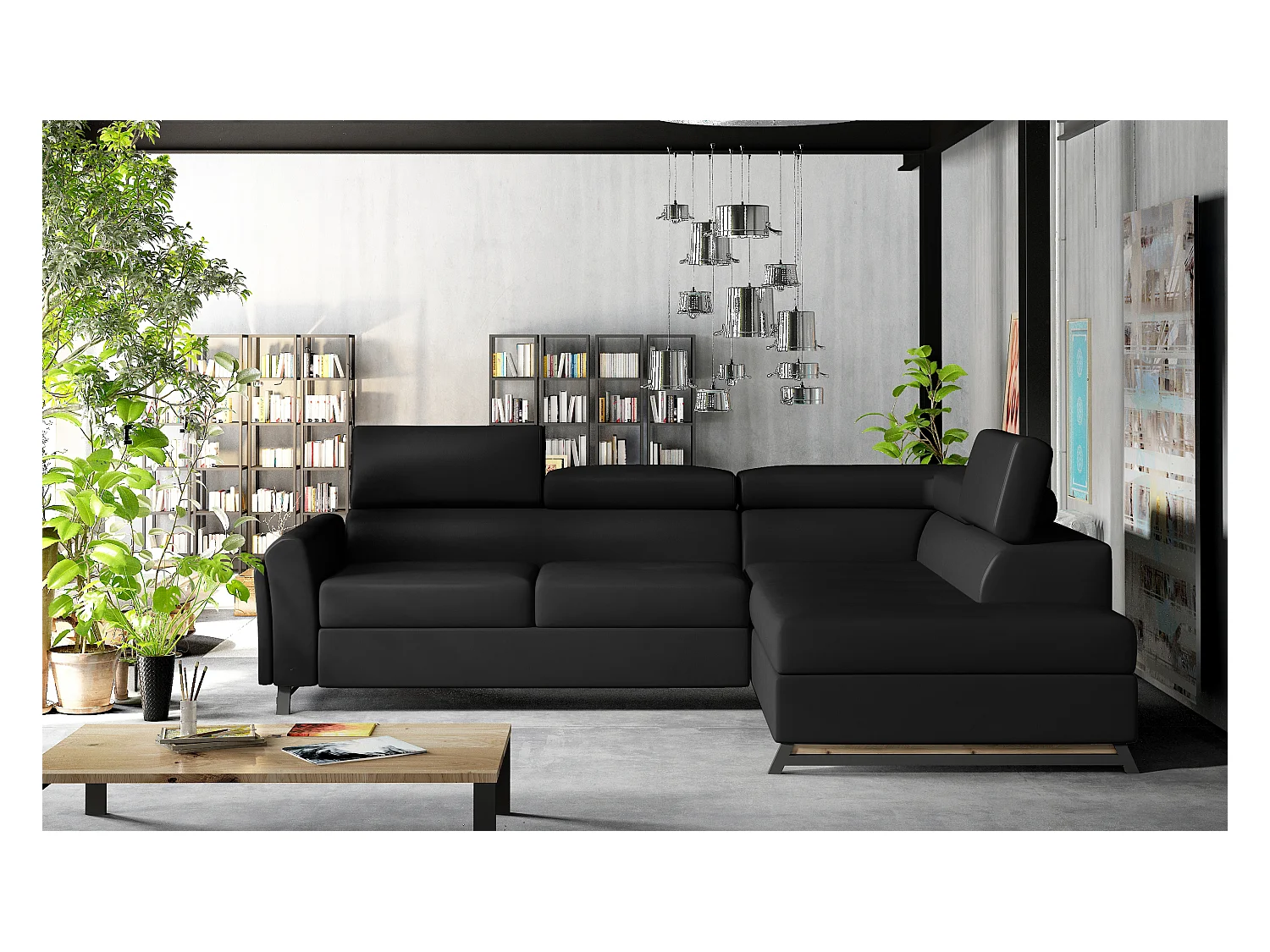 Converteerbare hoekbank rechts in zwart kunstleer met verstelbare hoofdsteunen Nikos 265 cm