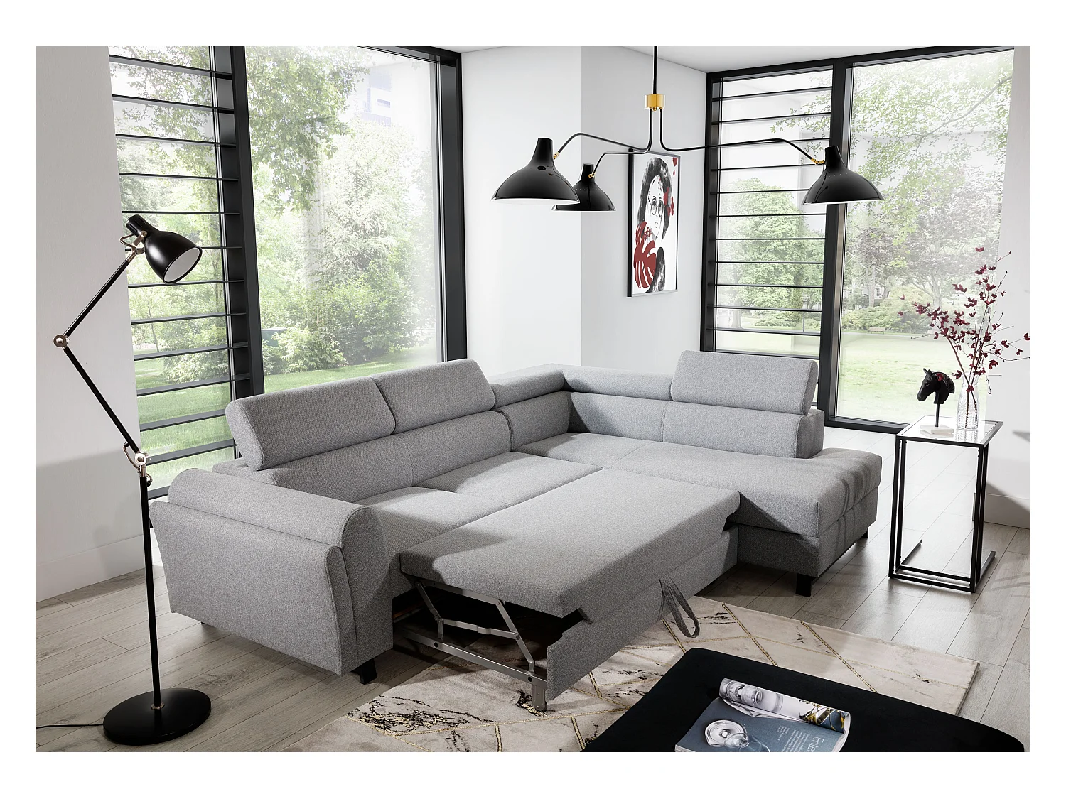 Converteerbare hoekbank rechts in zwart kunstleer met verstelbare hoofdsteunen Nikos 265 cm