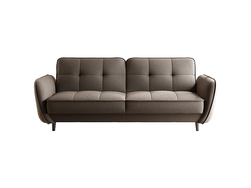 Canapé convertible 3 places tissu marron clair capitonné et pieds bois noir Bizza 220cm