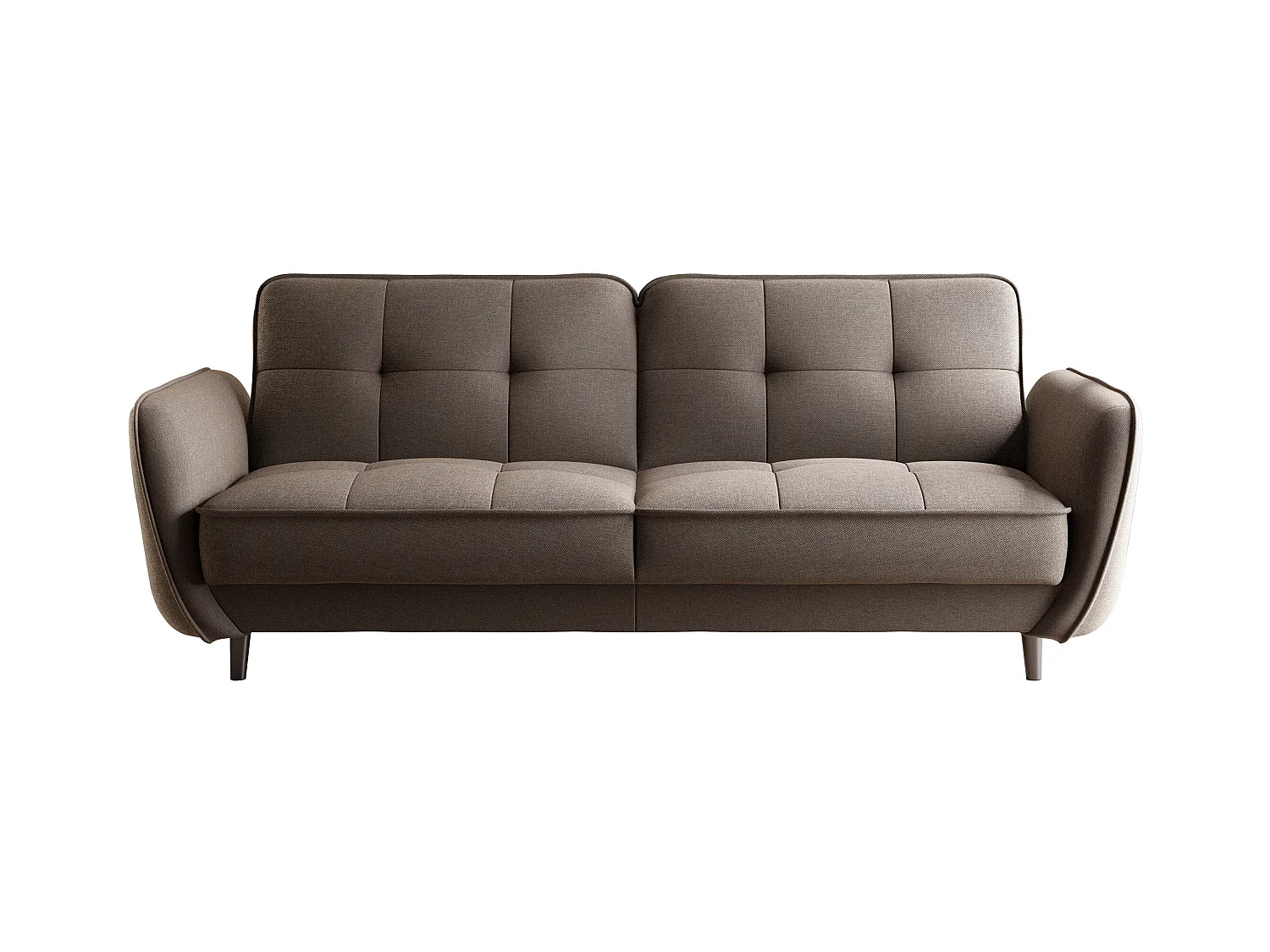 Canapé convertible 3 places tissu marron clair capitonné et pieds bois noir Bizza 220cm
