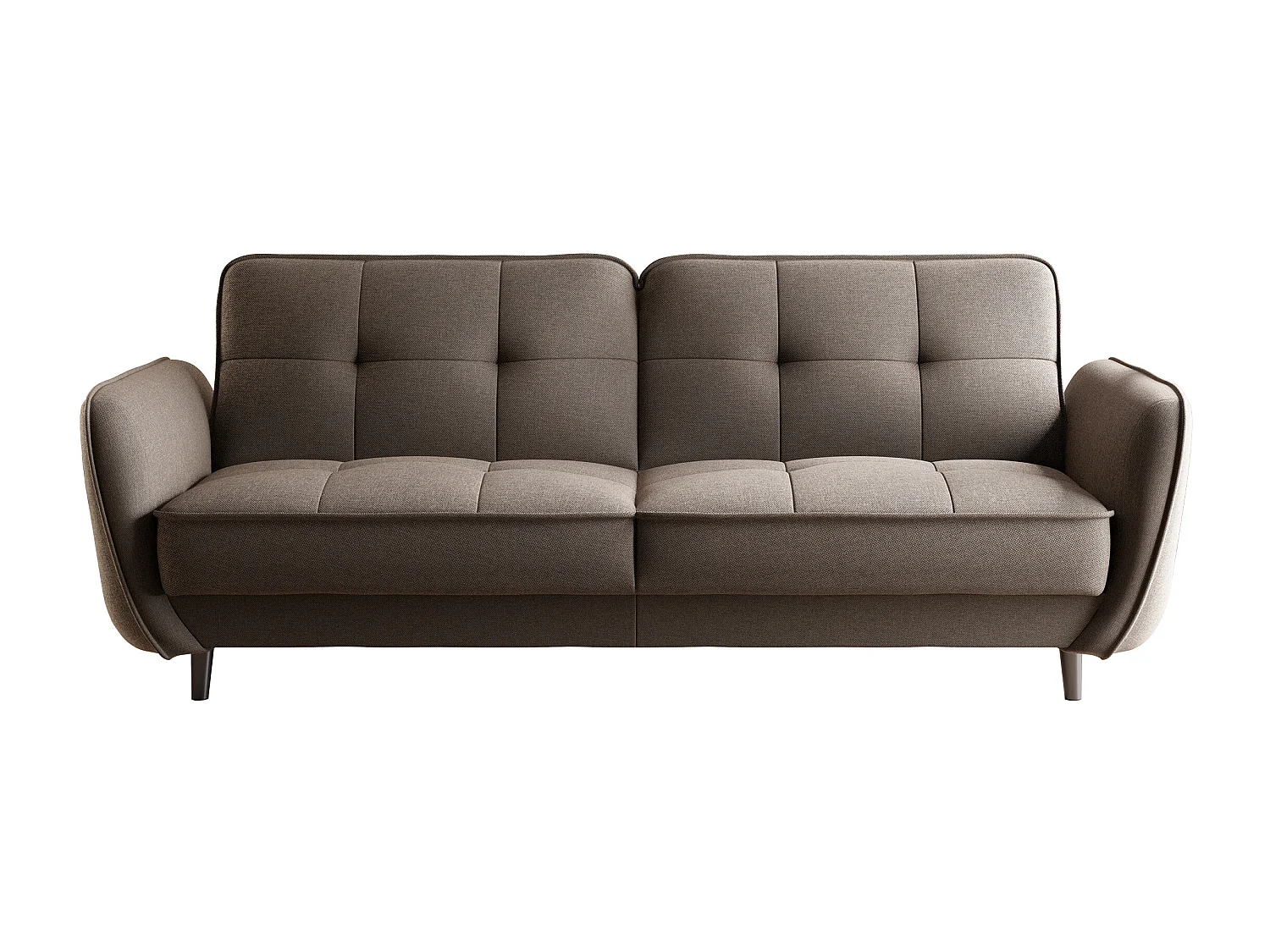 Canapé convertible 3 places tissu marron clair capitonné et pieds bois noir Bizza 220cm