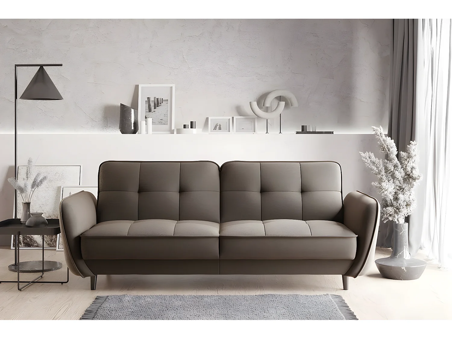 Canapé convertible 3 places tissu marron clair capitonné et pieds bois noir Bizza 220cm