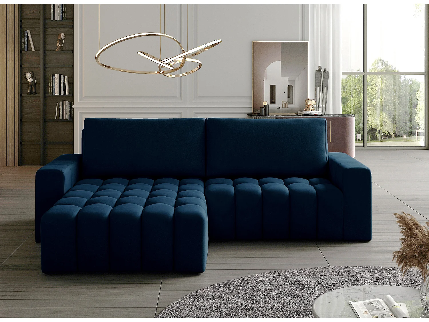 Canapé convertible design velours matelassé bleu marine angle gauche Bozen 250cm