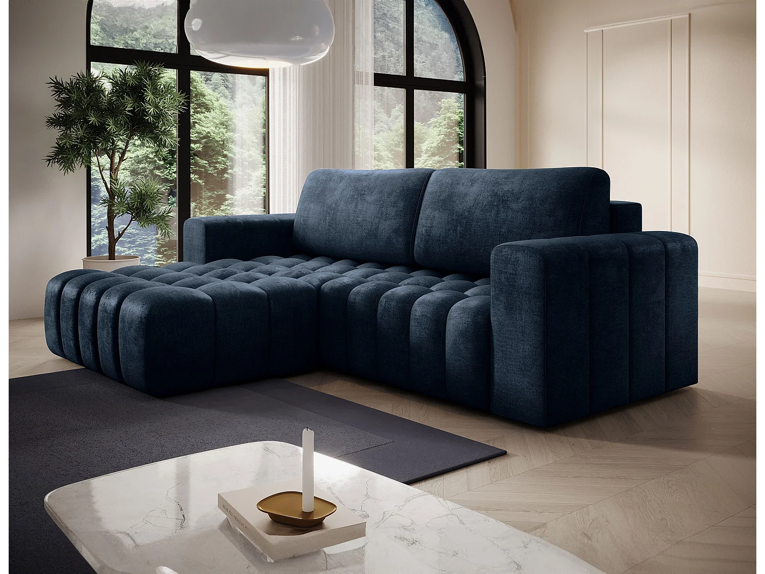 Canapé d’angle velours capitonné BOZEN – Convertible et rangement-Bleu foncé-angle gauche