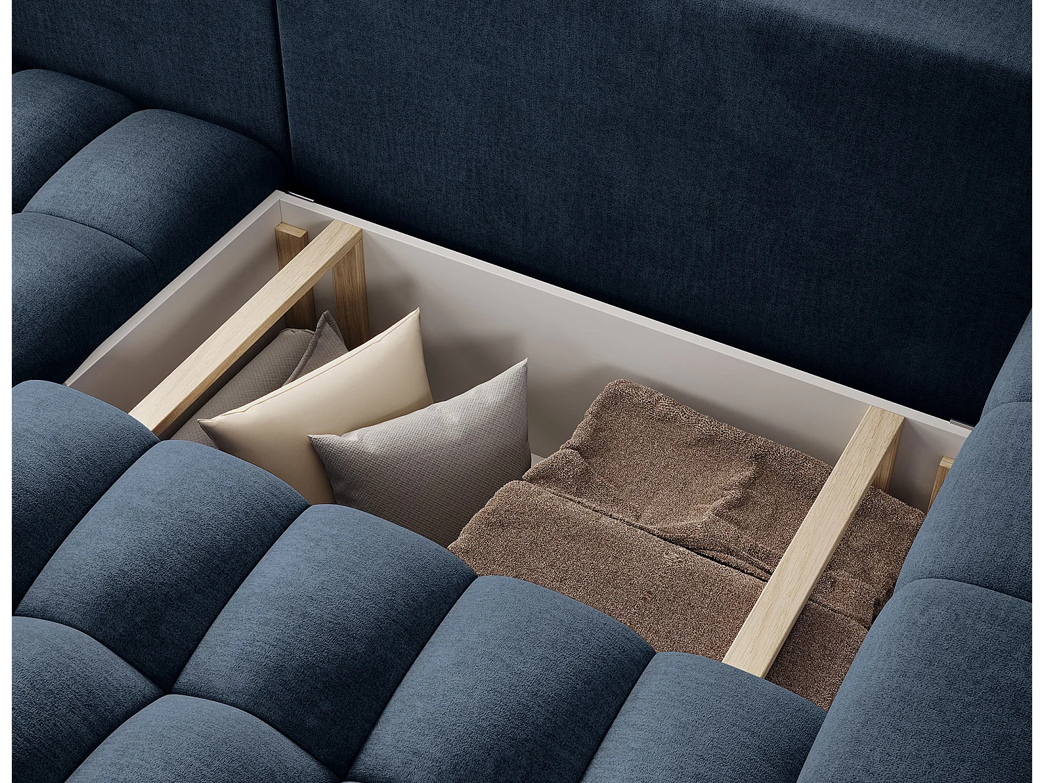 Canapé d’angle velours capitonné BOZEN – Convertible et rangement-Bleu foncé-angle gauche