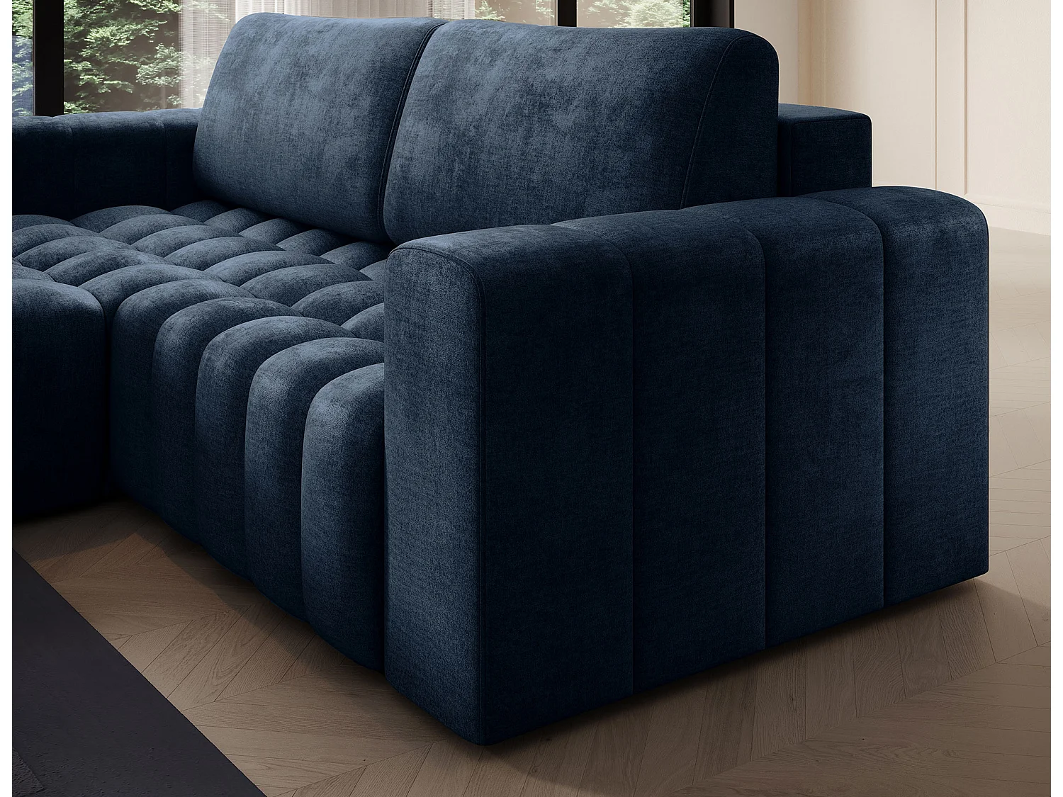 Canapé d’angle velours capitonné BOZEN – Convertible et rangement-Bleu foncé-angle gauche