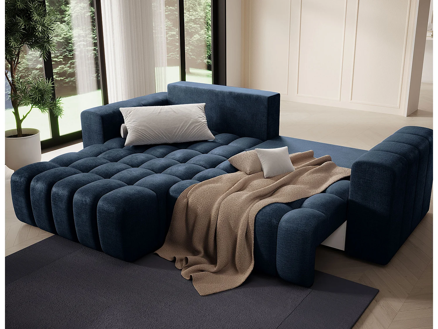 Canapé d’angle velours capitonné BOZEN – Convertible et rangement-Bleu foncé-angle gauche