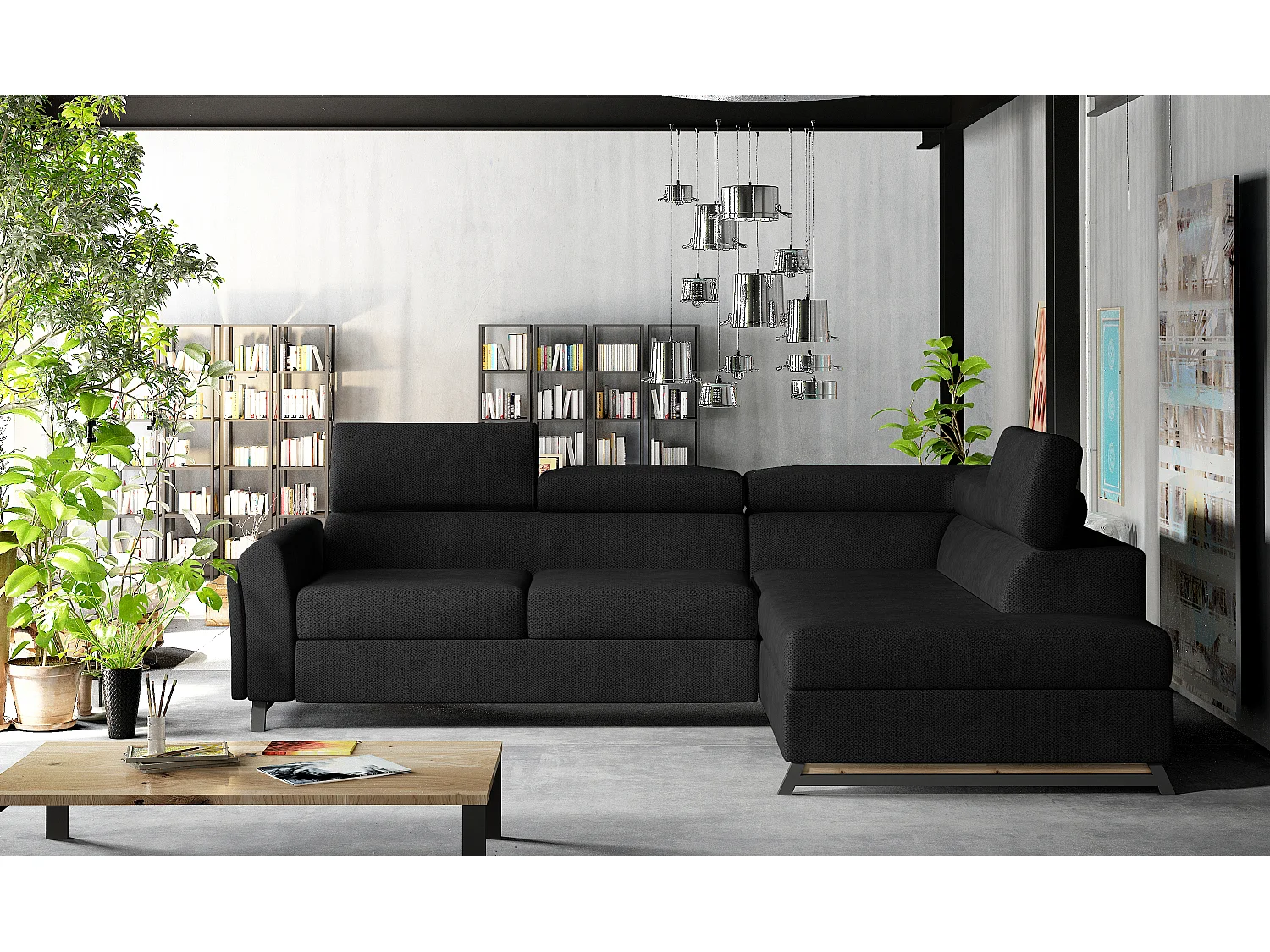 Canapé angle droit convertible tissu noir avec têtières réglables Nikos 265cm