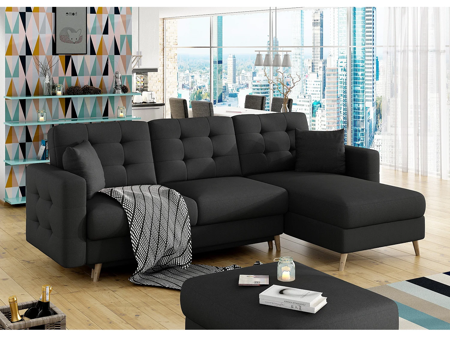 Omkeerbare en converteerbare hoekbank zwarte stof Anska 250 cm