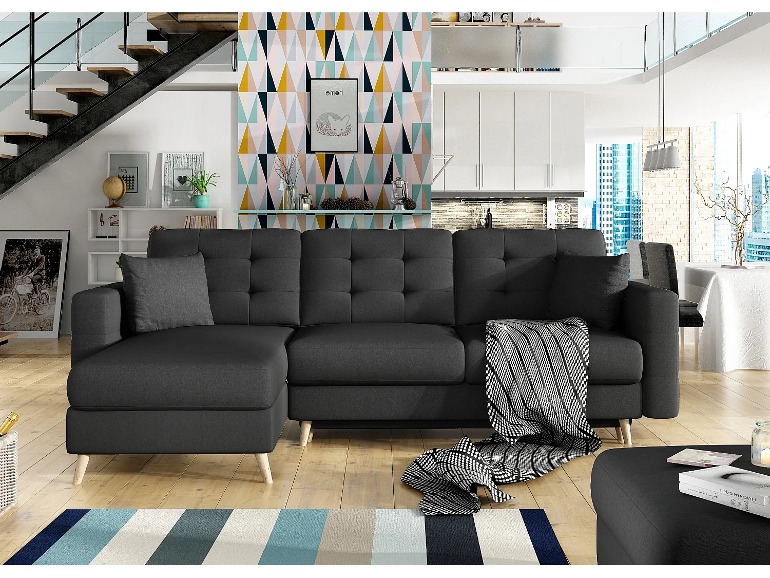 Canapé d'angle réversible et convertible tissu noir Anska 250cm