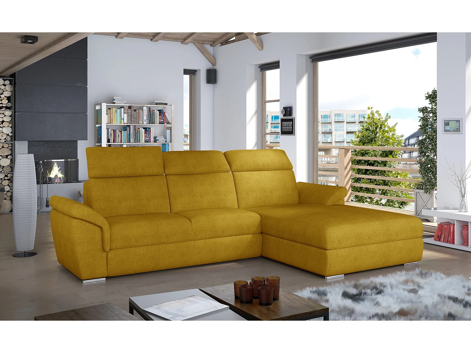 Canapé convertible d'angle droit tissu jaune têtières réglables Suzy 272cm