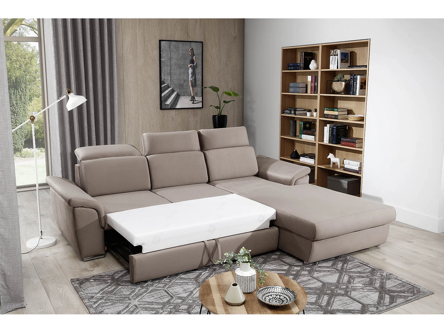 Canapé convertible d'angle droit tissu jaune têtières réglables Suzy 272cm