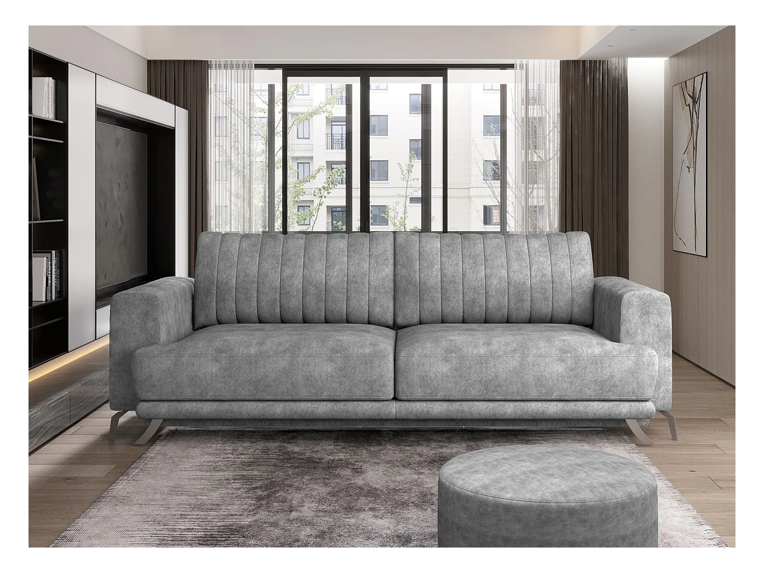 Canapé convertible design 3-4 places tissu effet cuir et pieds acier chromé Eliza 250cm