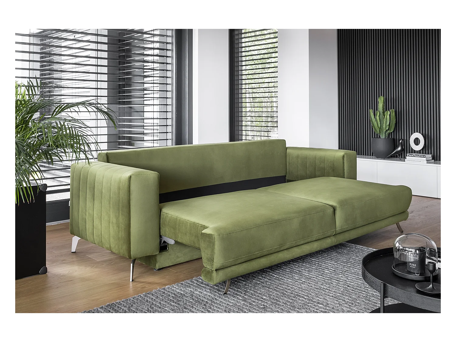 Canapé convertible design 3-4 places tissu effet cuir et pieds acier chromé Eliza 250cm