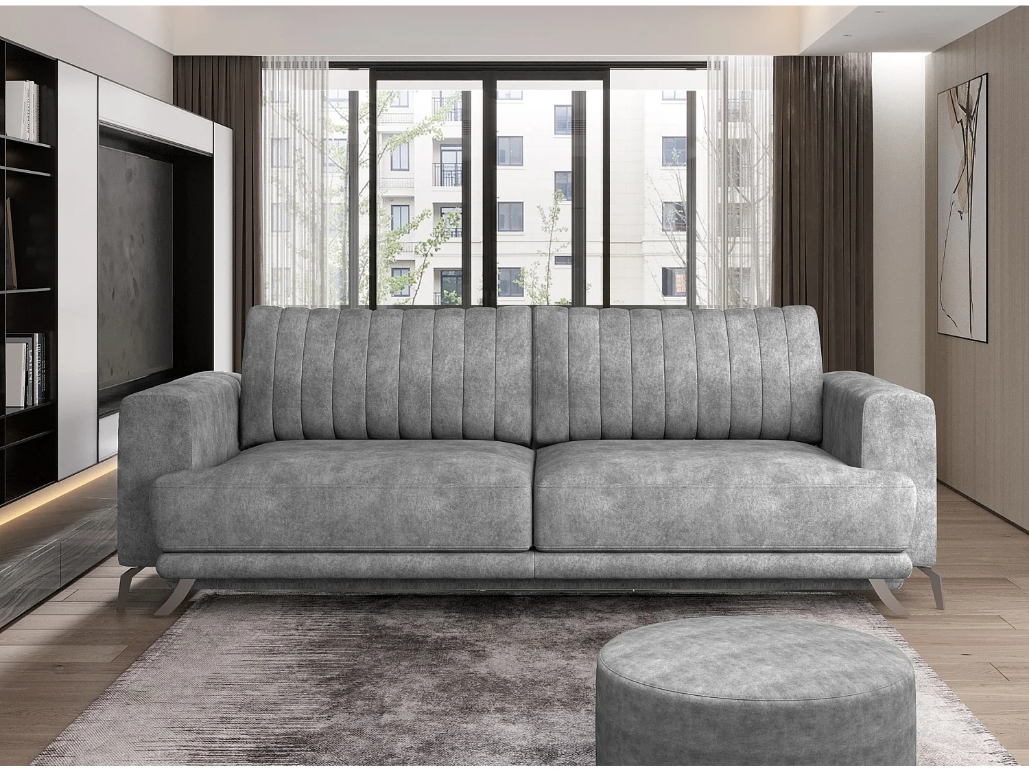 Canapé convertible design 3-4 places tissu effet cuir et pieds acier chromé Eliza 250cm