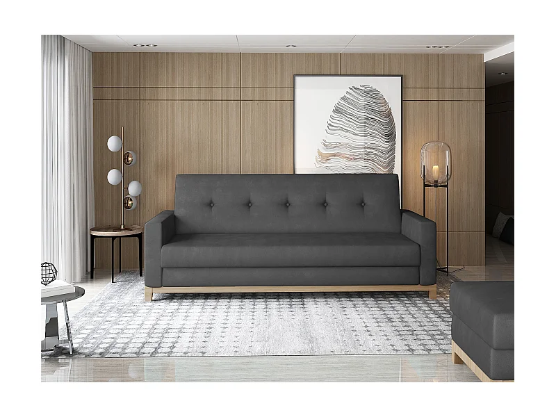 Canapé lit 3 places velours gris foncé et pieds en bois de hêtre Saline 216cm