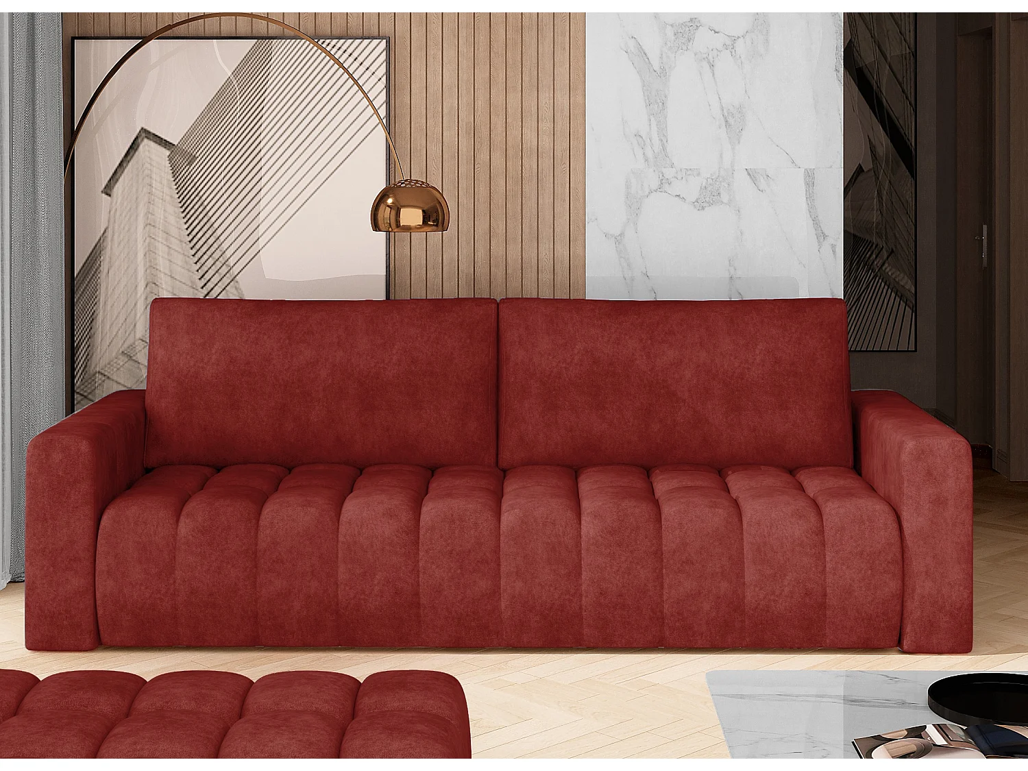 Canapé convertible 3 places tissu rouge tomette avec coffre de rangement Larko 245cm