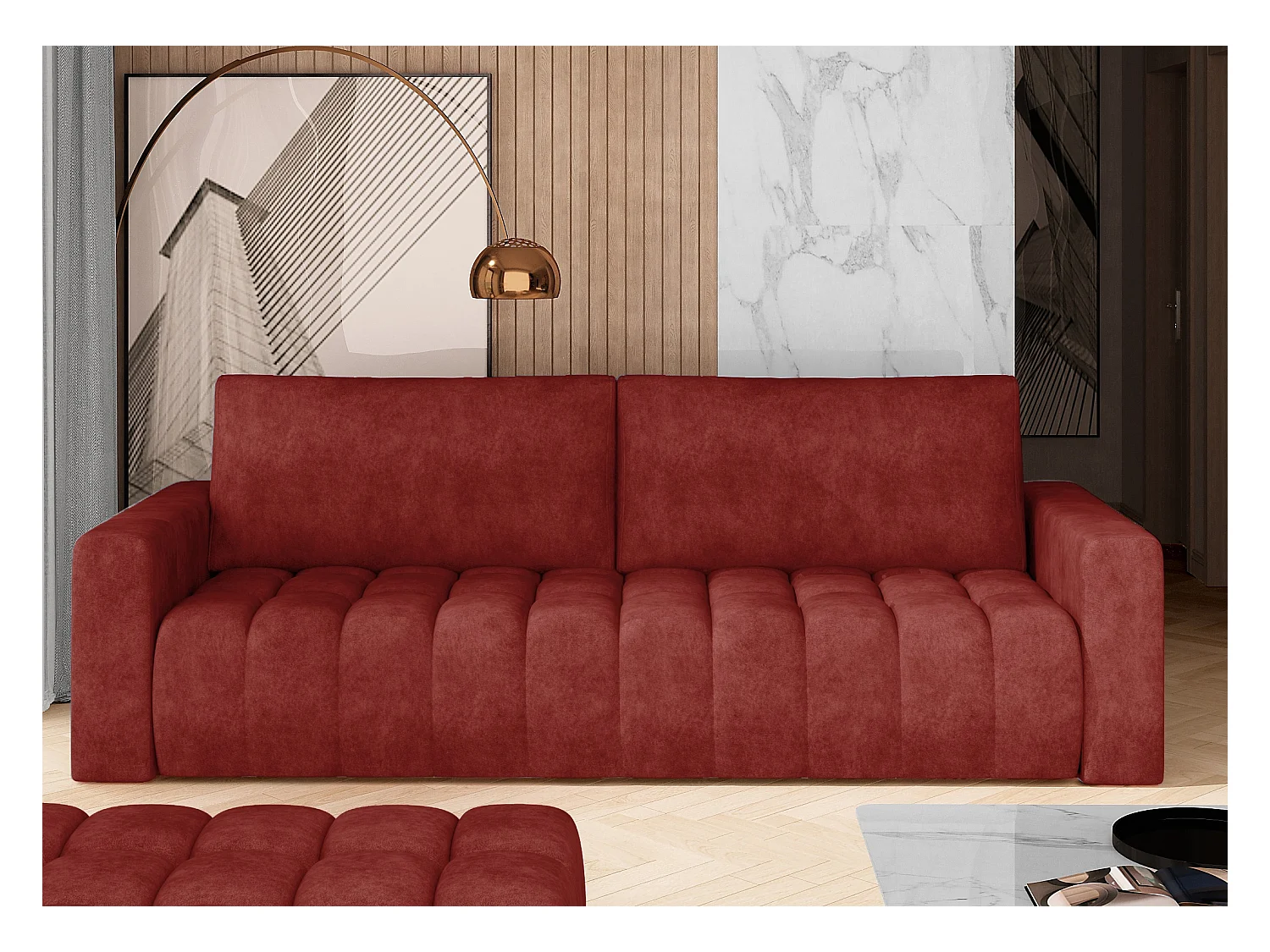 Canapé convertible 3 places tissu rouge tomette avec coffre de rangement Larko 245cm