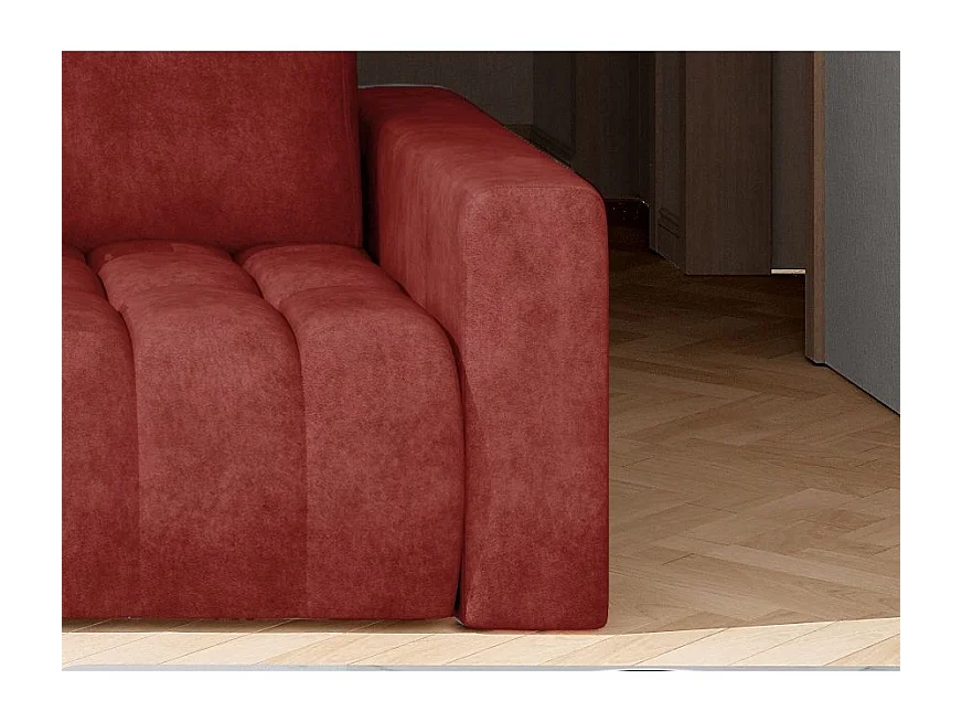 Canapé convertible 3 places tissu rouge tomette avec coffre de rangement Larko 245cm