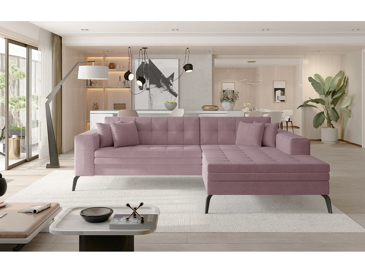 Canapé convertible capitonné angle droit tissu rose et pieds métal noir Lazor 295cm