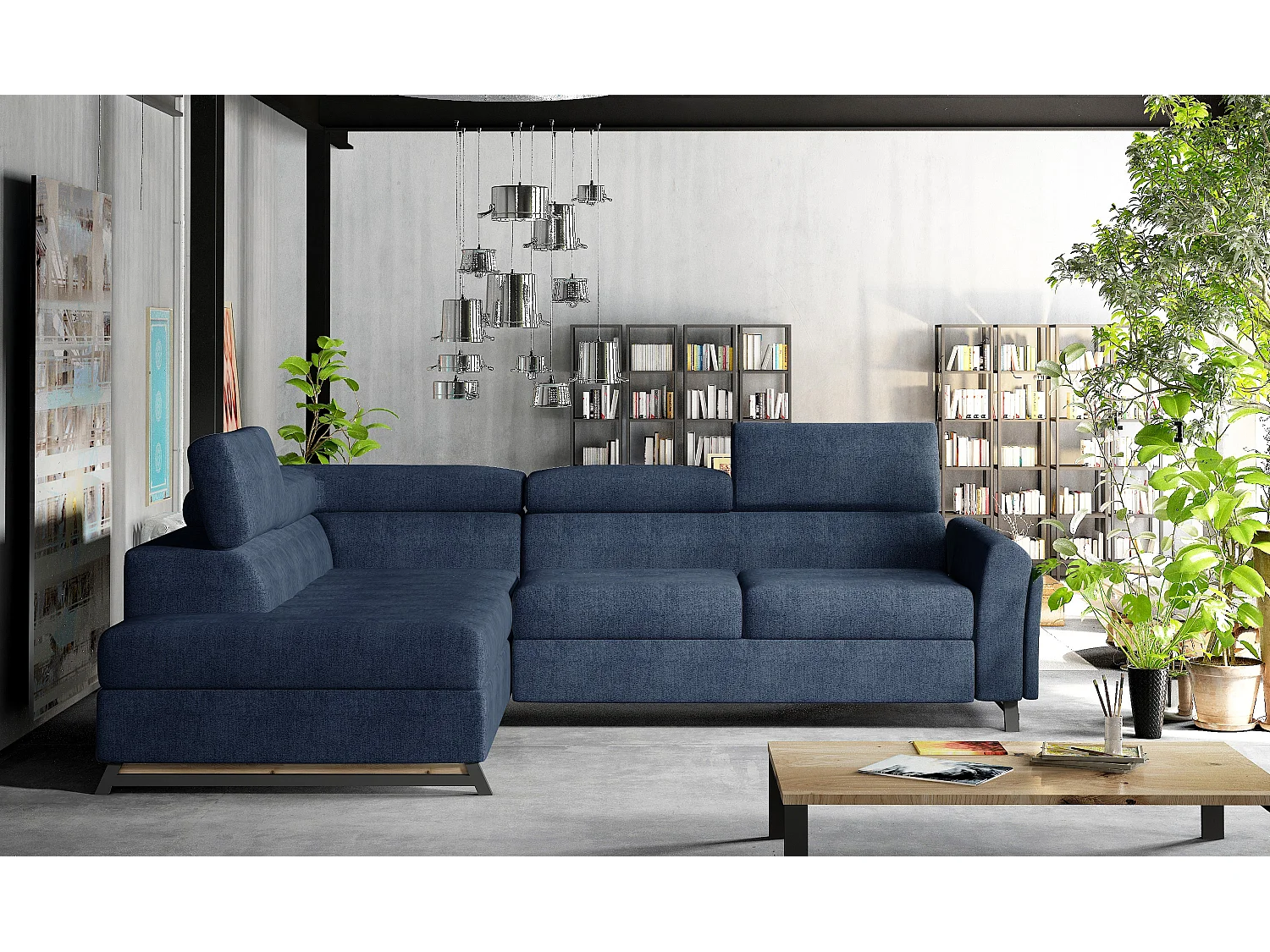 Canapé angle gauche convertible tissu bleu avec têtières réglables Nikos 265cm