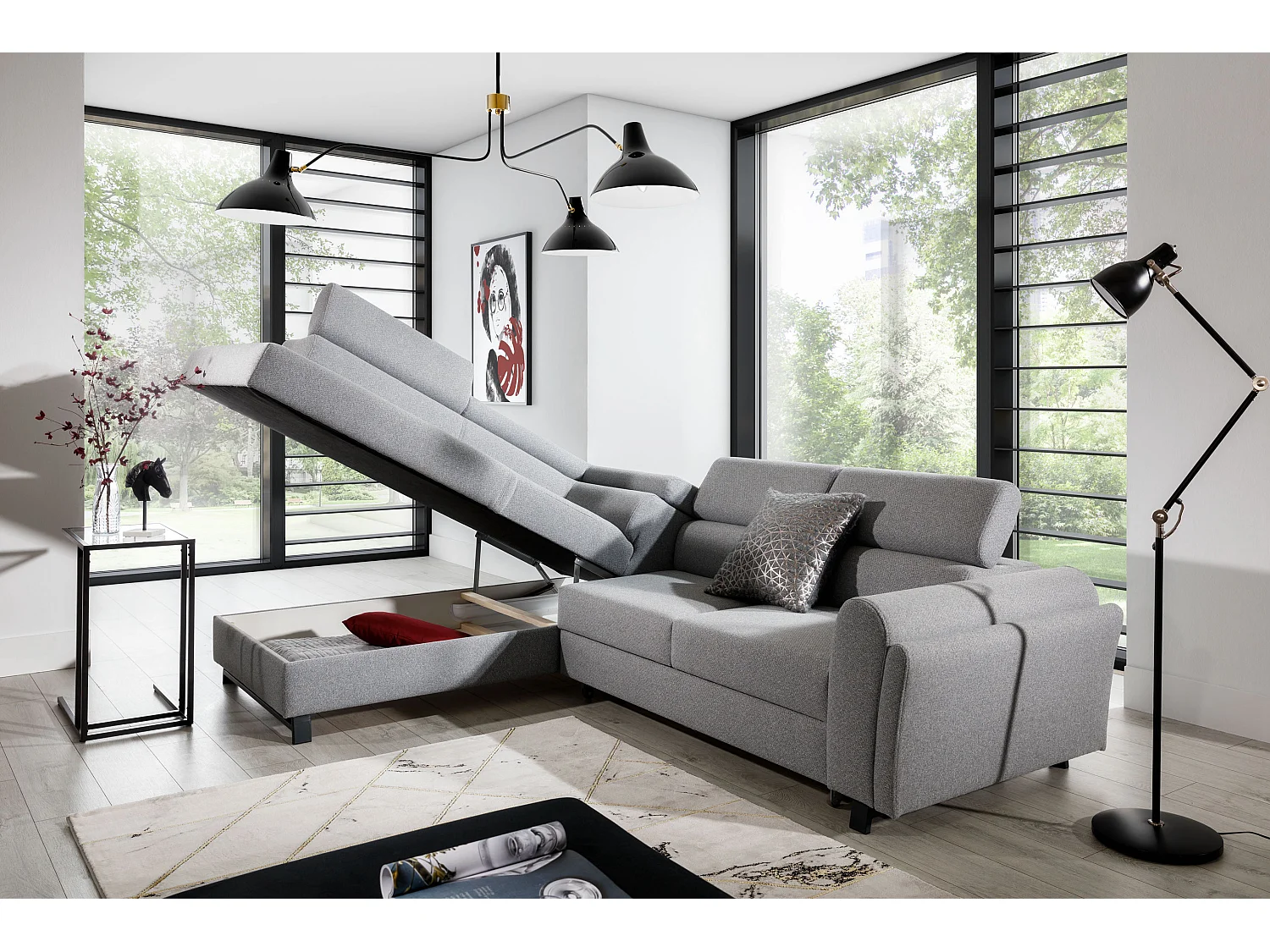 Canapé angle gauche convertible tissu bleu avec têtières réglables Nikos 265cm