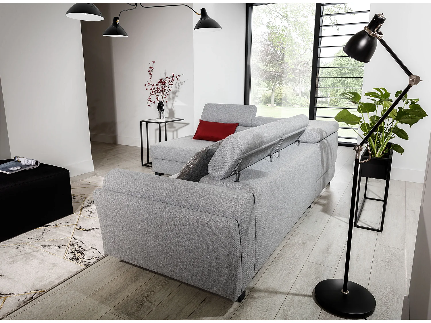 Canapé angle gauche convertible tissu bleu avec têtières réglables Nikos 265cm