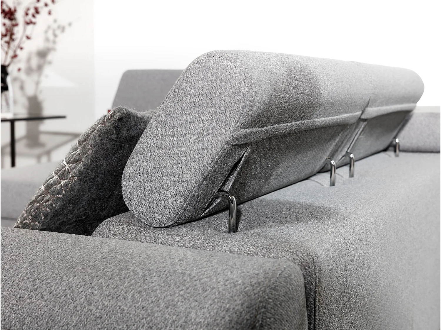 Canapé angle gauche convertible tissu bleu avec têtières réglables Nikos 265cm