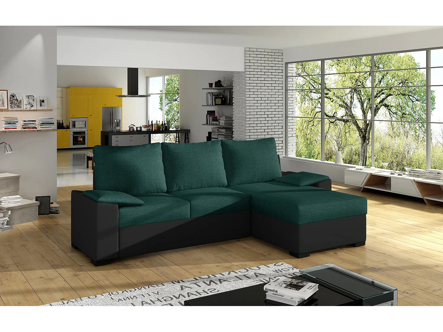 Canapé angle convertible et réversible simili noir et tissu vert foncé Luzo 245cm