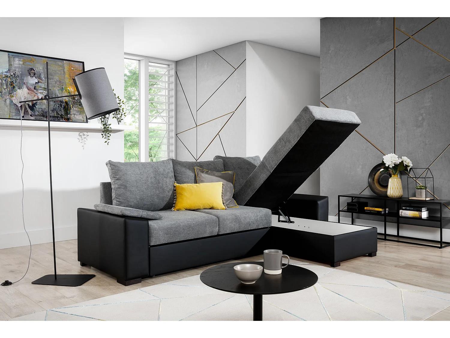 Canapé angle convertible et réversible simili noir et tissu vert foncé Luzo 245cm