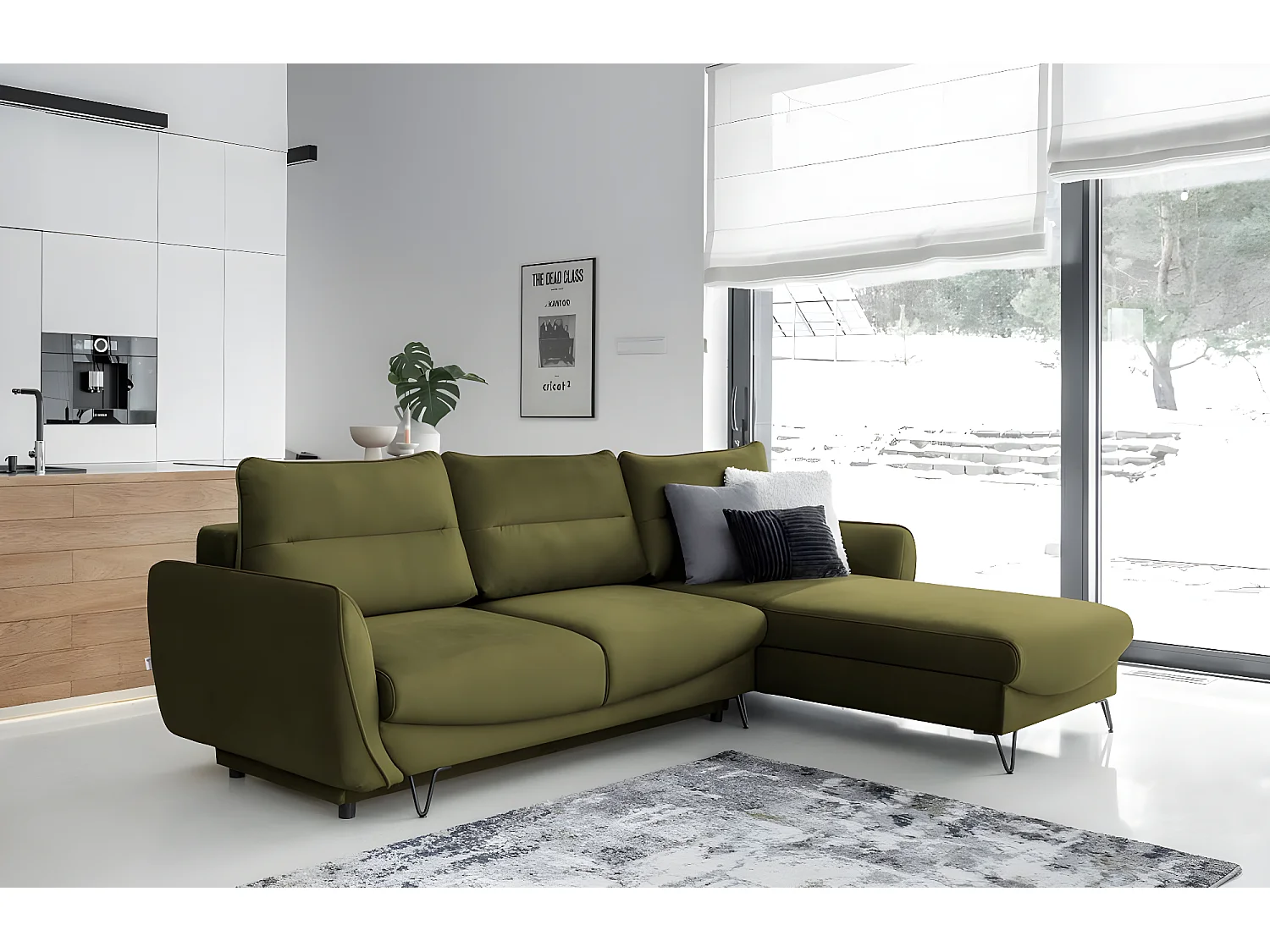 Canapé d'angle droit convertible tissu doux vert olive Zurik 276cm