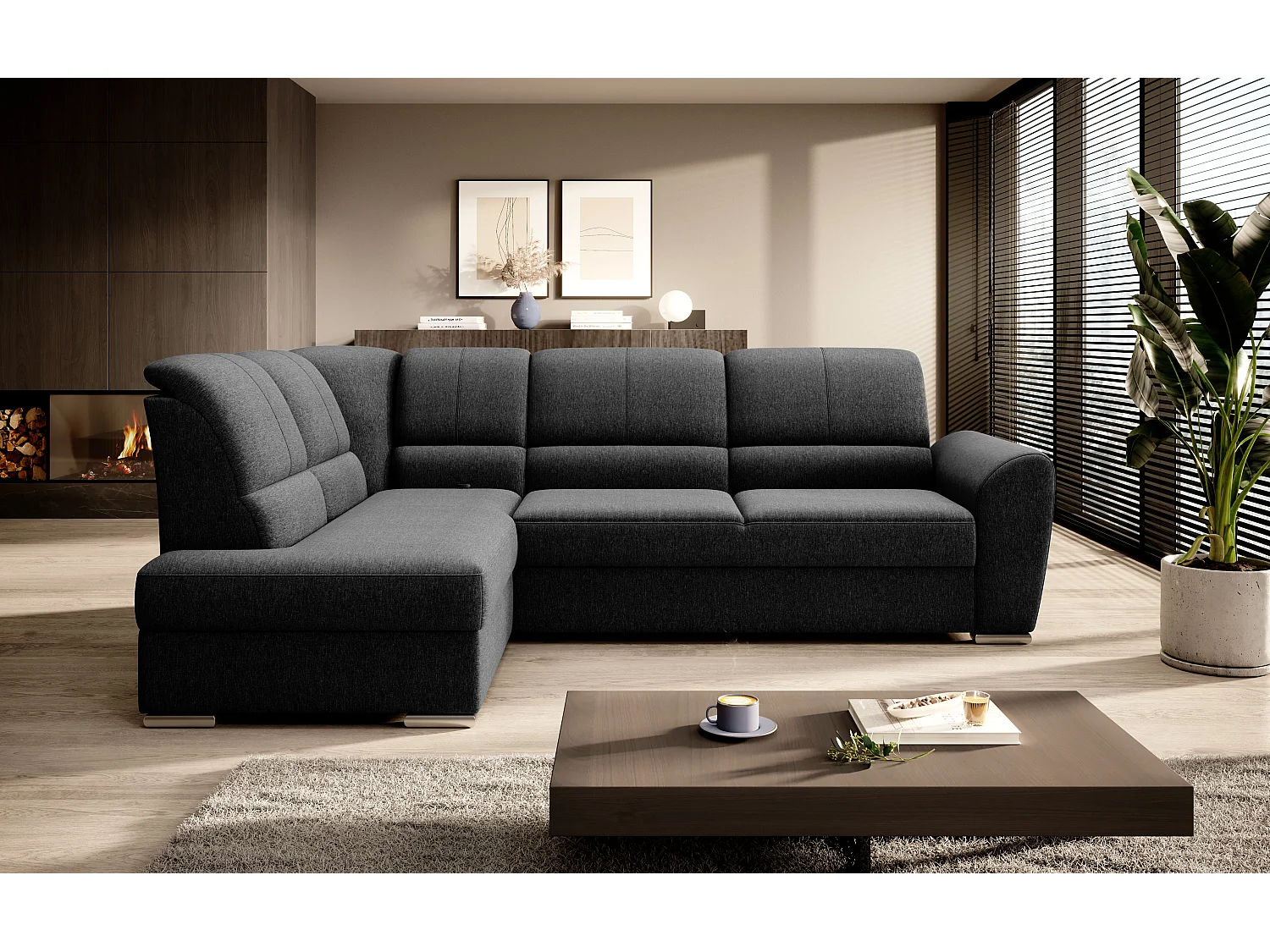 Canapé angle gauche convertible tissu noir et pieds acier chromé Zabor 270cm