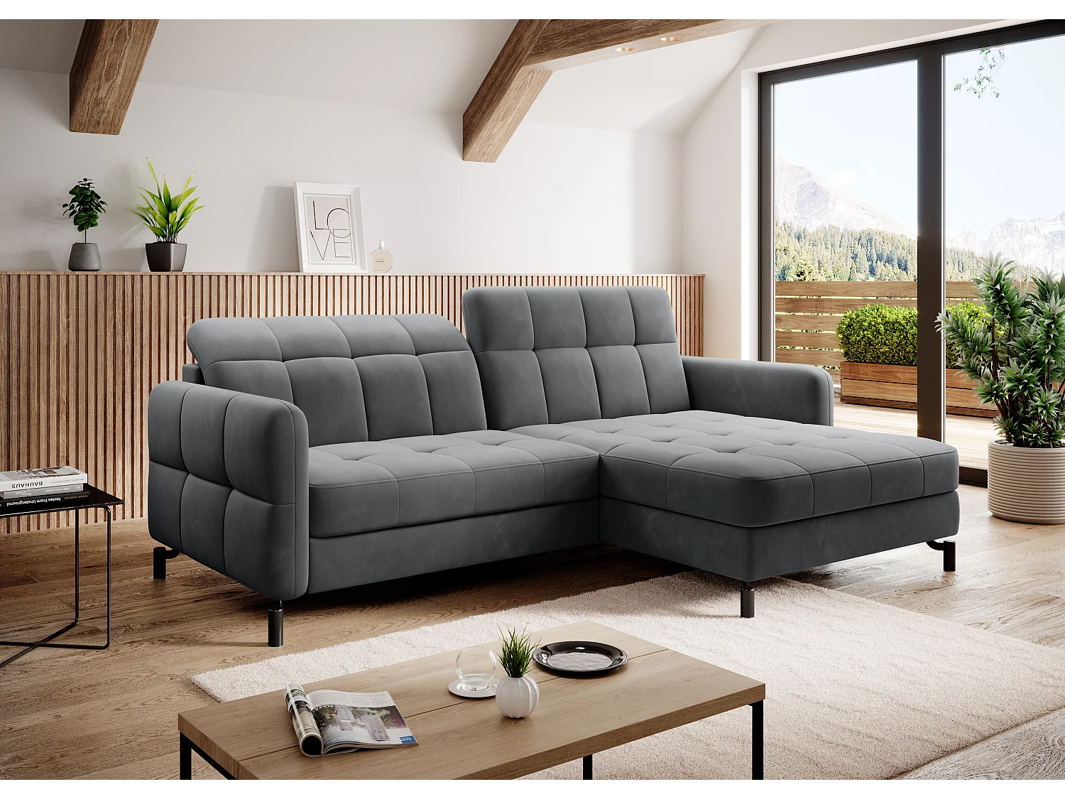 Canapé d'angle convertible velours avec coffre de rangement LORI-Gris foncé-angle droit