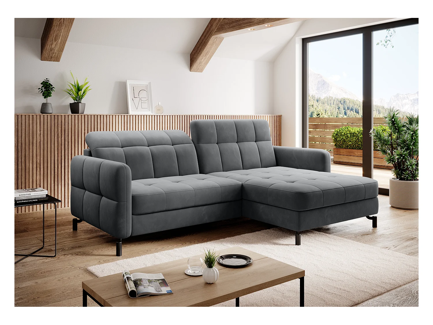 Canapé d'angle convertible velours avec coffre de rangement LORI-Gris foncé-angle droit