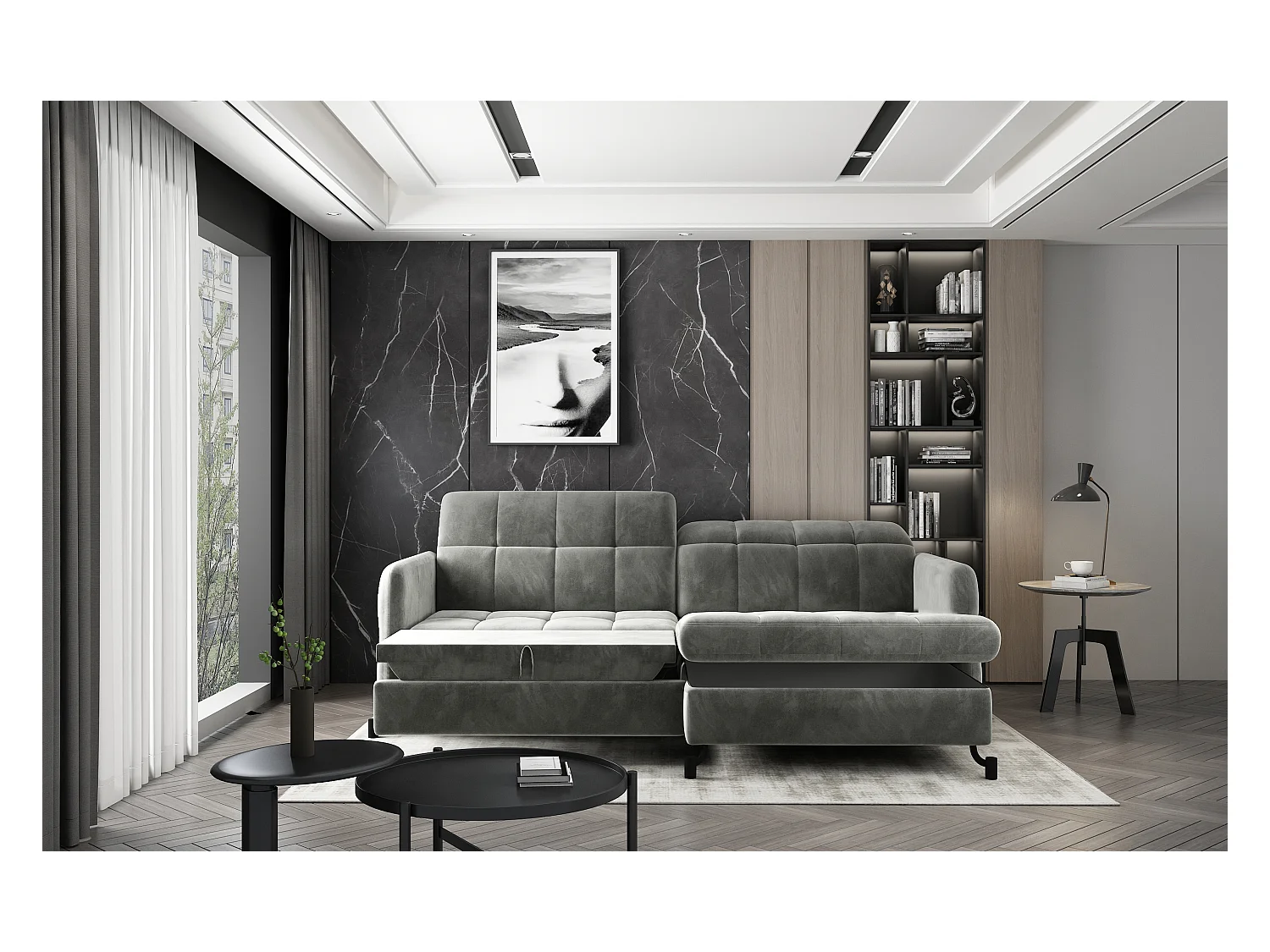 Canapé d'angle convertible velours avec coffre de rangement LORI-Gris foncé-angle droit