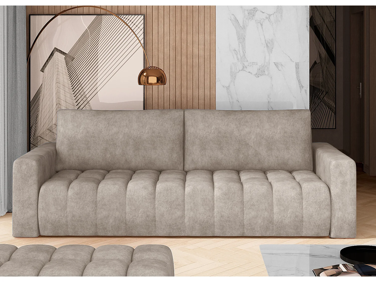 Canapé convertible 3 places tissu beige avec coffre de rangement Larko 245cm