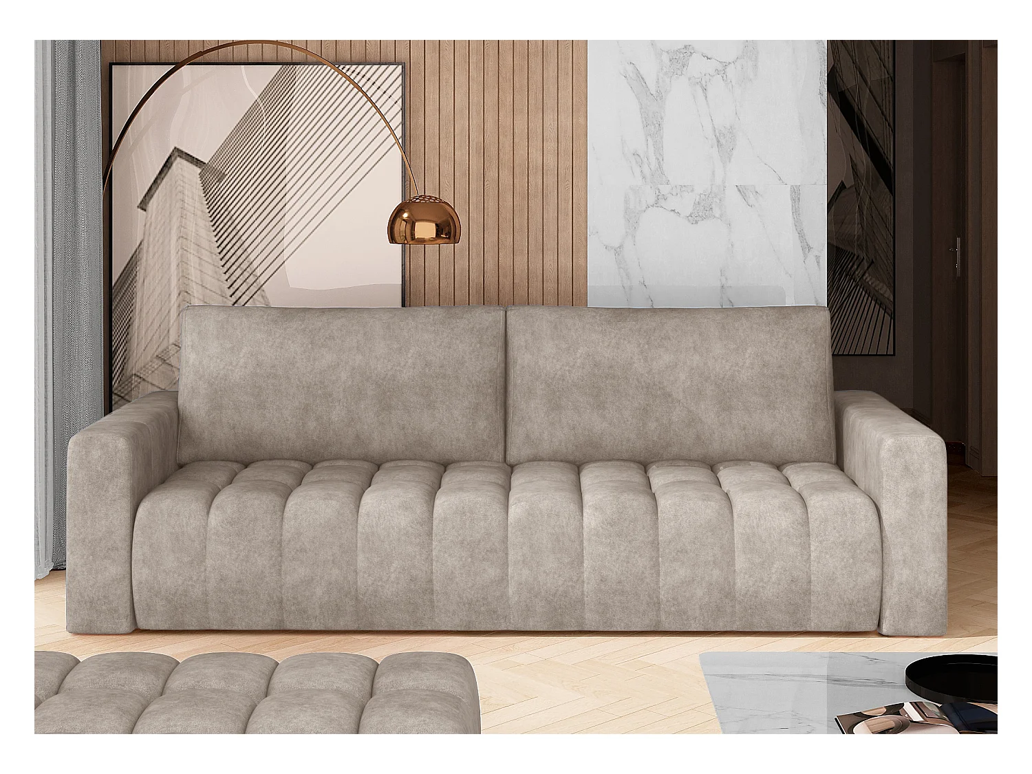 Canapé convertible 3 places tissu beige avec coffre de rangement Larko 245cm