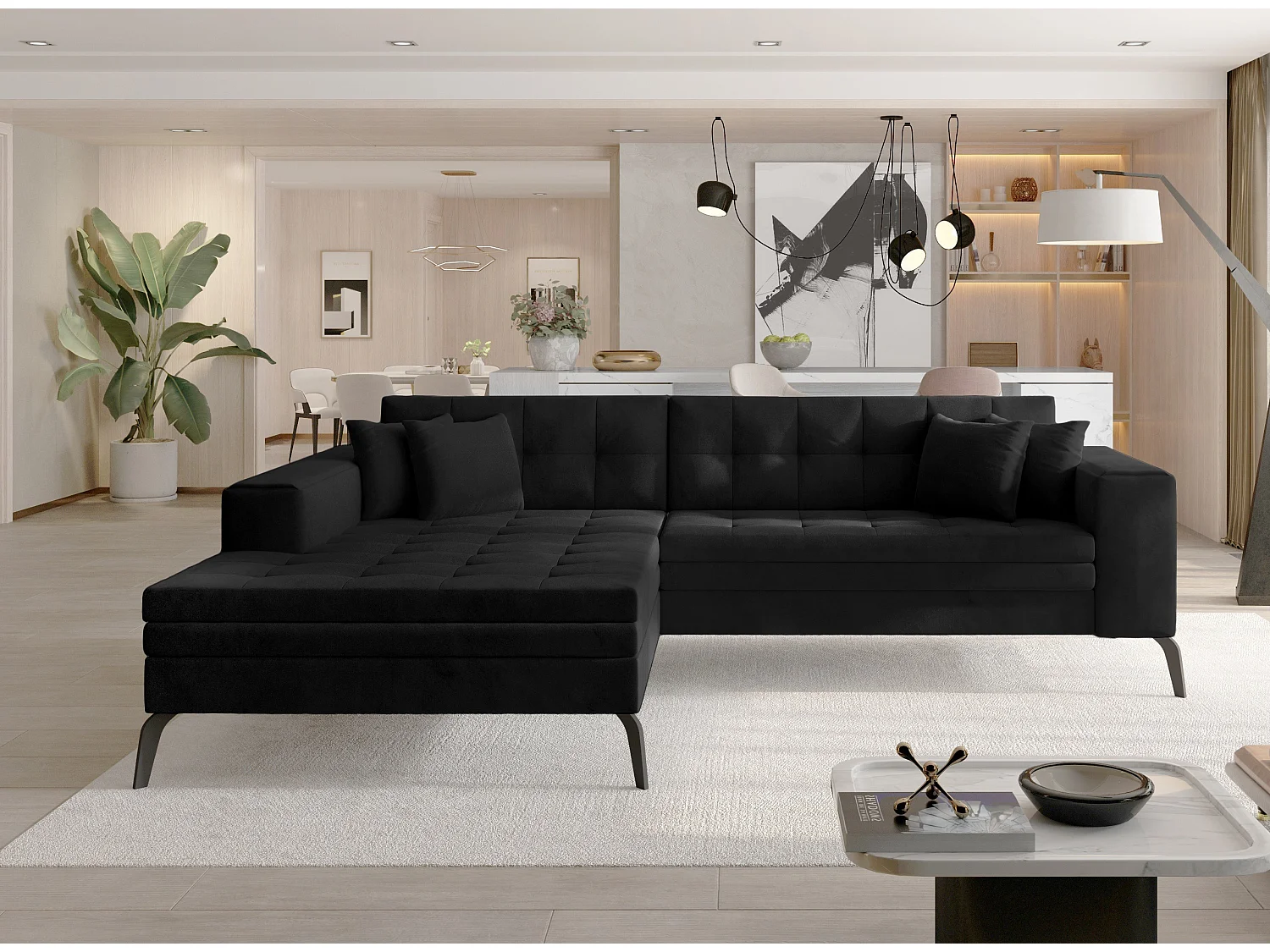 Canapé convertible capitonné angle gauche velours noir et pieds métal noir Lazor 295cm