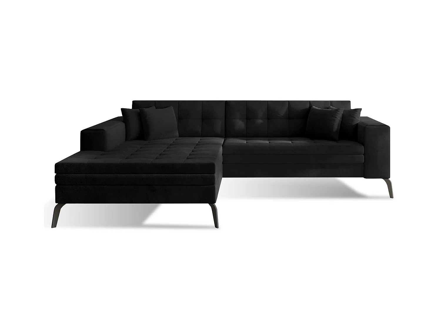 Canapé convertible capitonné angle gauche velours noir et pieds métal noir Lazor 295cm
