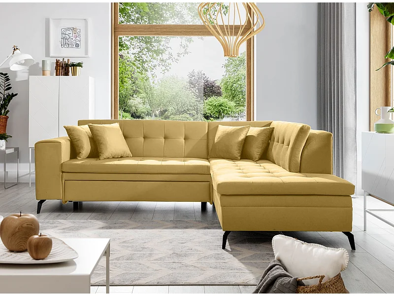 Canapé convertible capitonné angle droit tissu jaune Larry 260cm