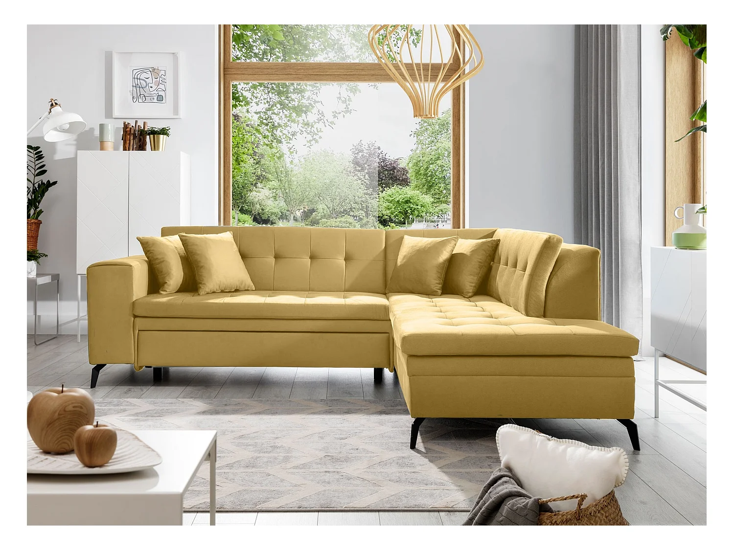 Canapé convertible capitonné angle droit tissu jaune Larry 260cm