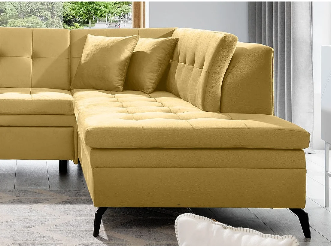 Canapé convertible capitonné angle droit tissu jaune Larry 260cm