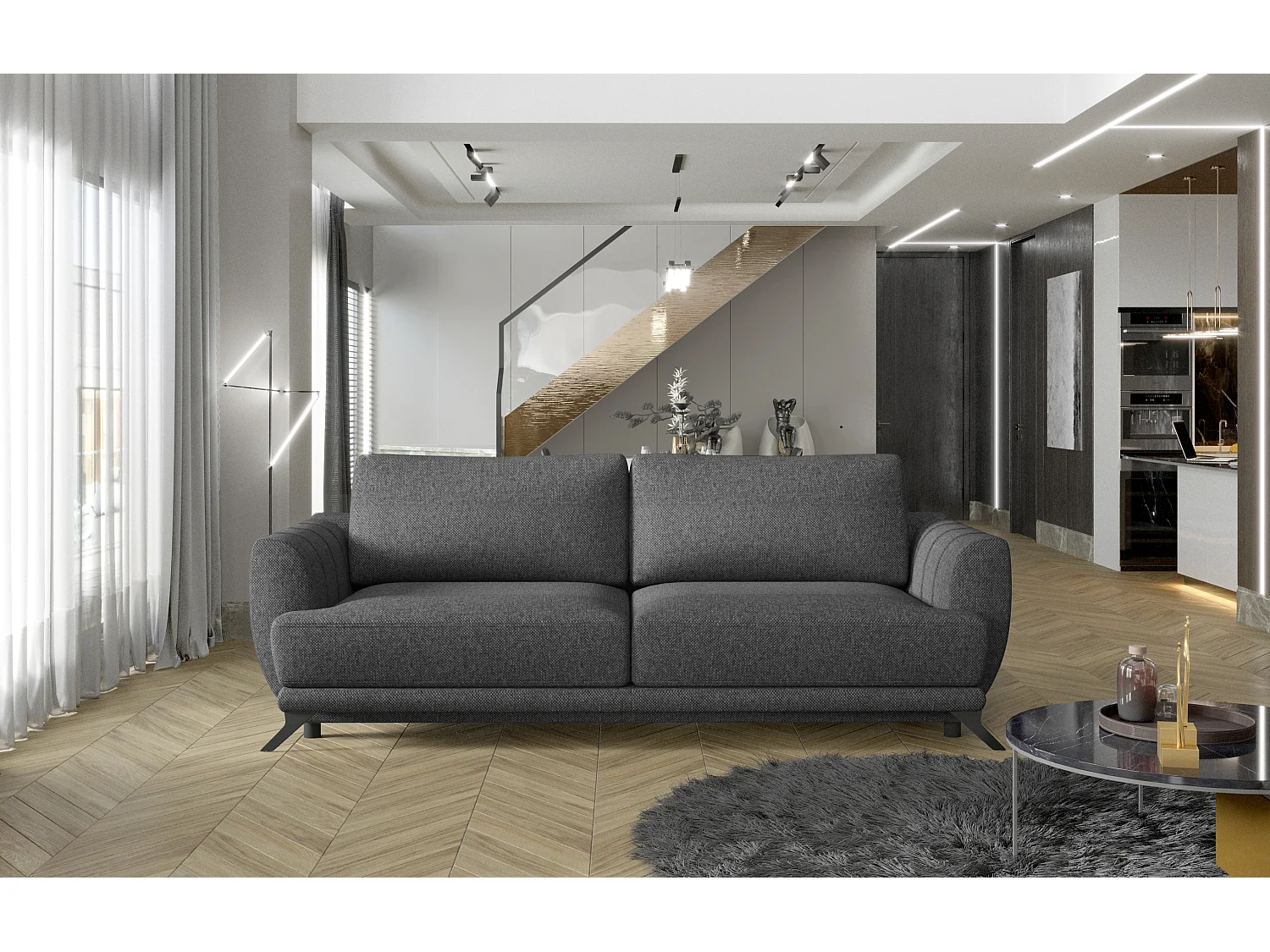 Canapé convertible 3-4 places tissu anthracite et pieds métal noir Zora 250cm