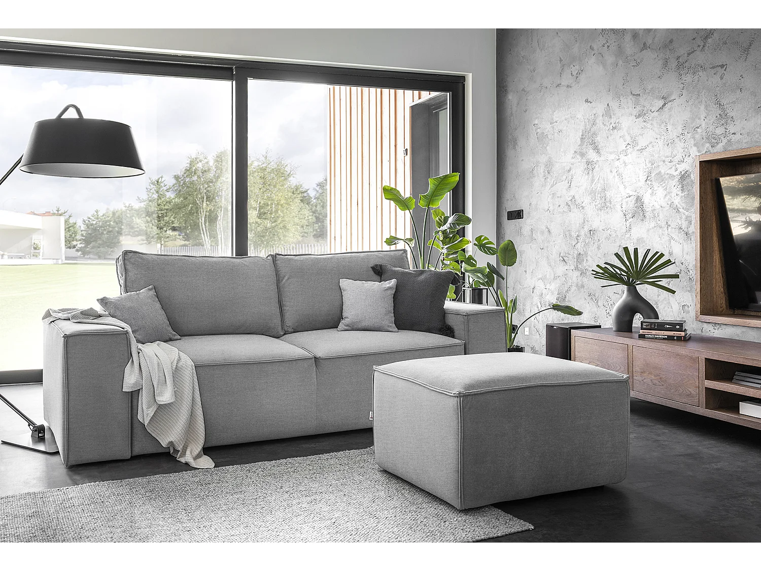 Grand canapé convertible en velours WILACE - Confort moderne et élégant-Gris clair