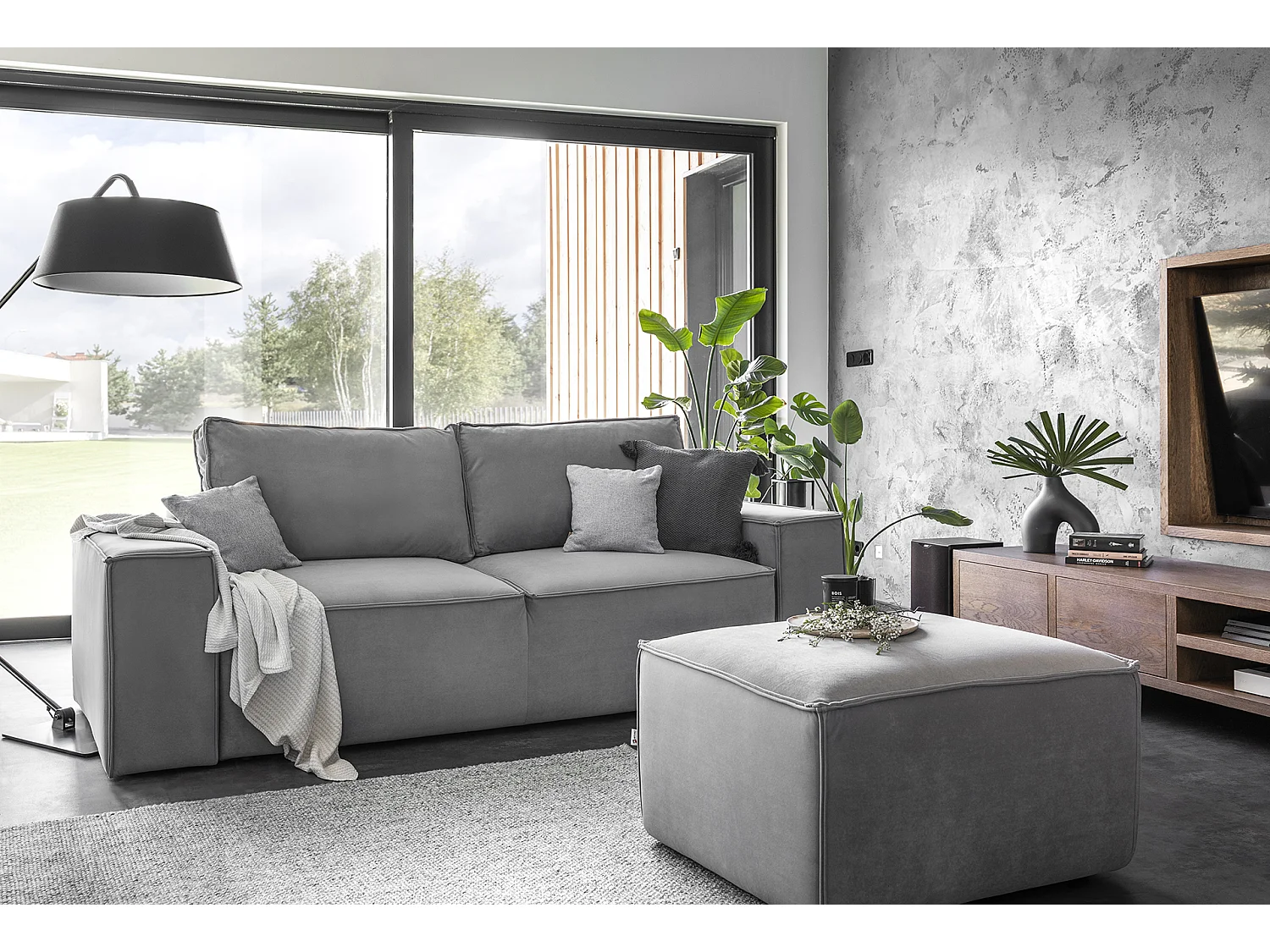 Grand canapé convertible en velours WILACE - Confort moderne et élégant-Gris clair