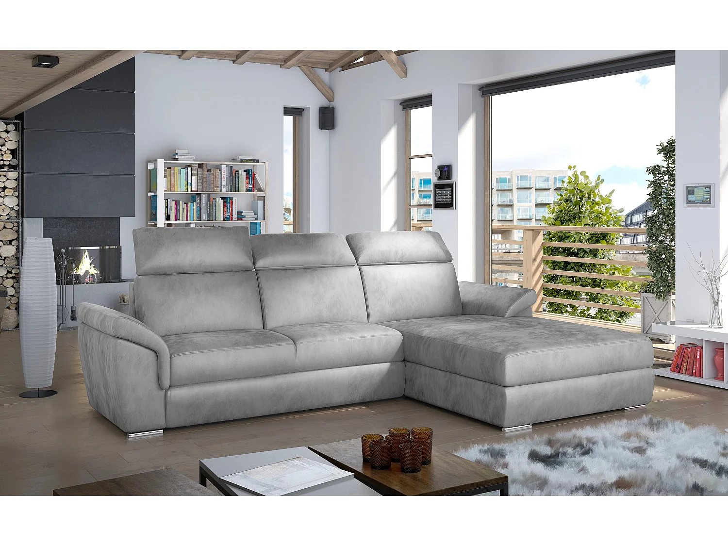 Canapé convertible d'angle droit velours gris clair têtières réglables Suzy 272cm