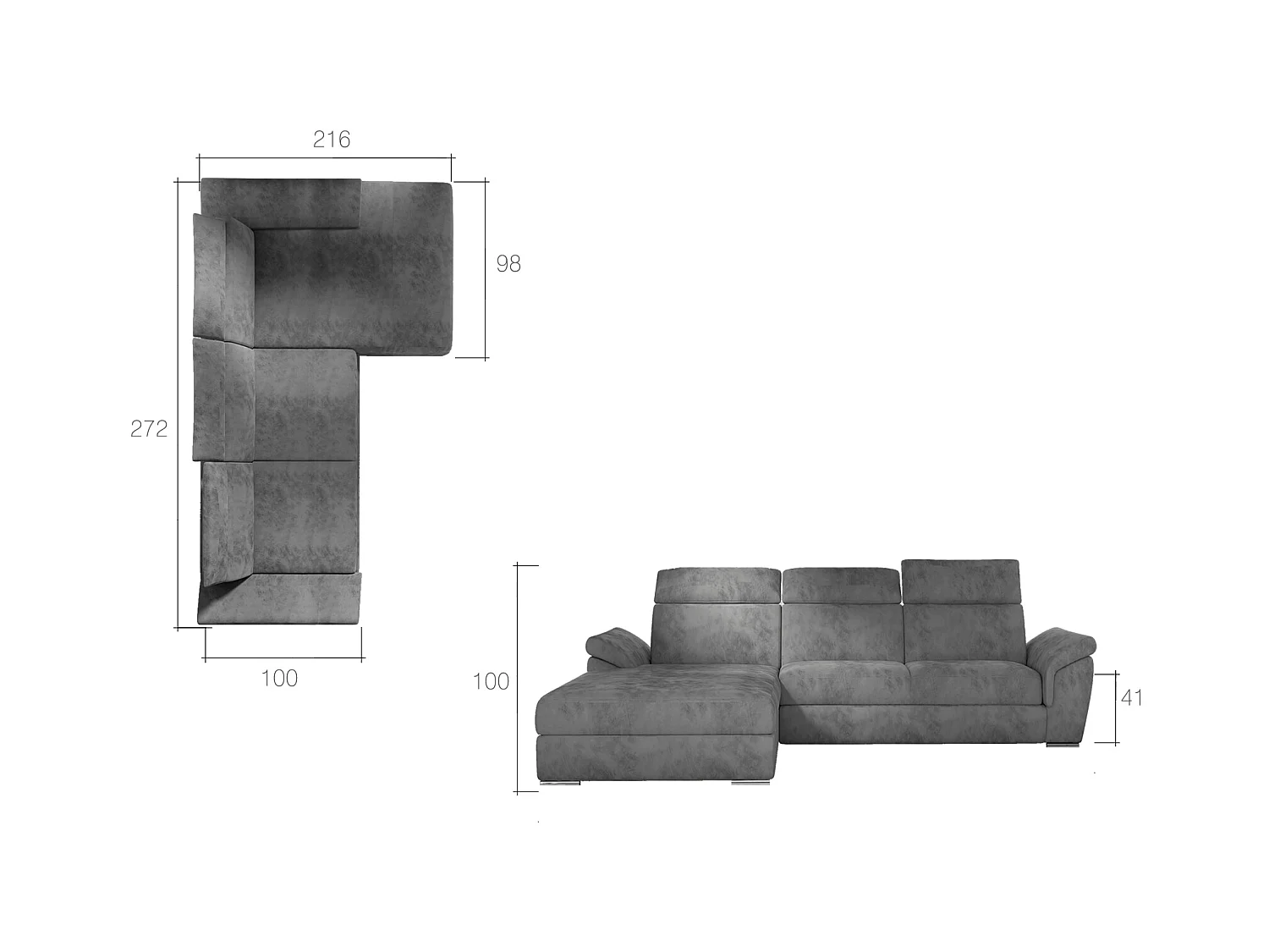 Canapé convertible d'angle droit velours gris clair têtières réglables Suzy 272cm