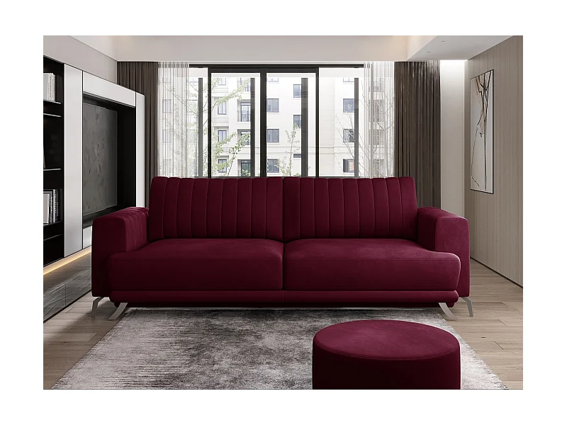 Canapé convertible design 3-4 places velours bordeaux foncé et pieds acier chromé Eliza 250cm