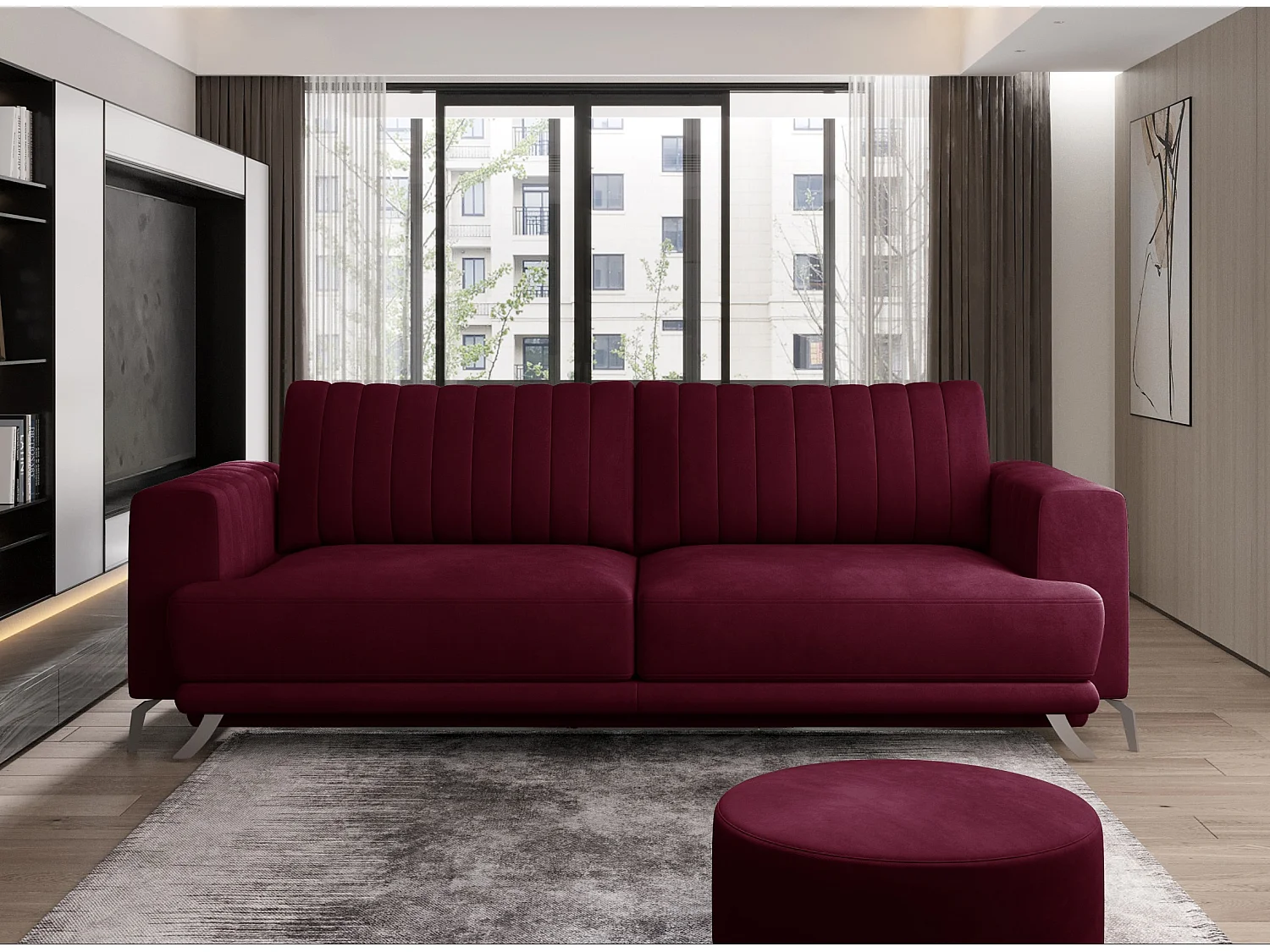 Designer 3/4-zits slaapbank in donker bordeauxrood fluweel en chroomstalen poten Eliza 250 cm