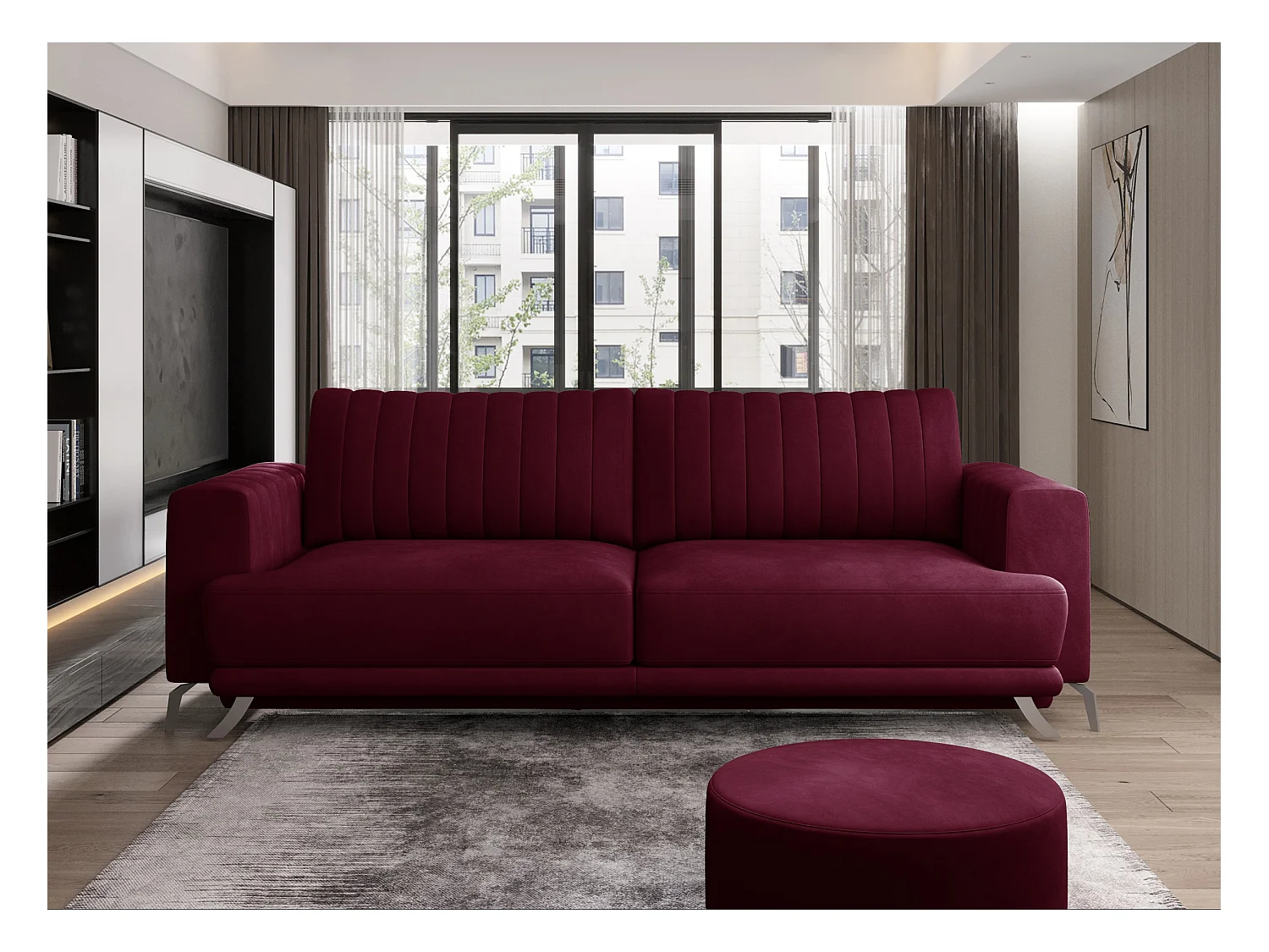 Canapé convertible design 3-4 places velours bordeaux foncé et pieds acier chromé Eliza 250cm